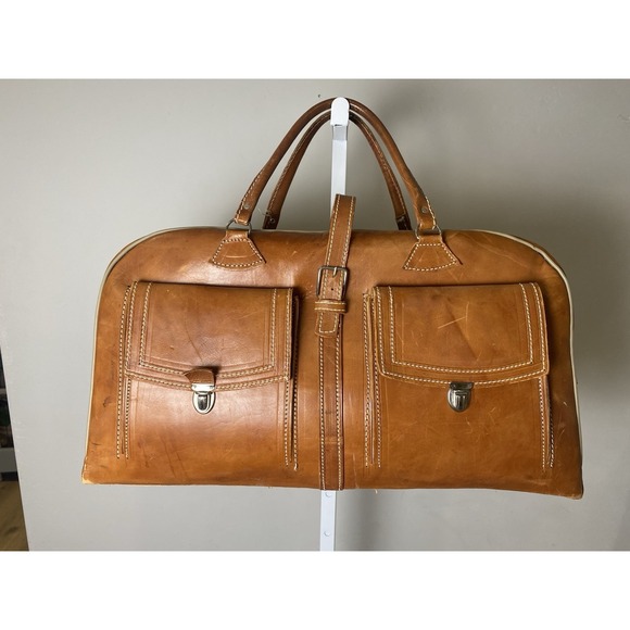 Unbranded Other - Vintage 70's Tan Leather Duffel Bag Weekend Travel Carry On Luggage Brown Pocket